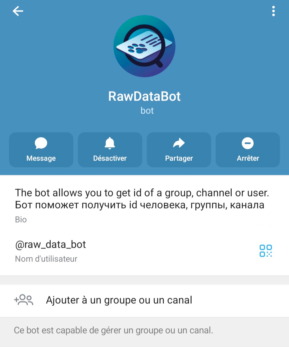 Profil du bot @raw_data_bot
