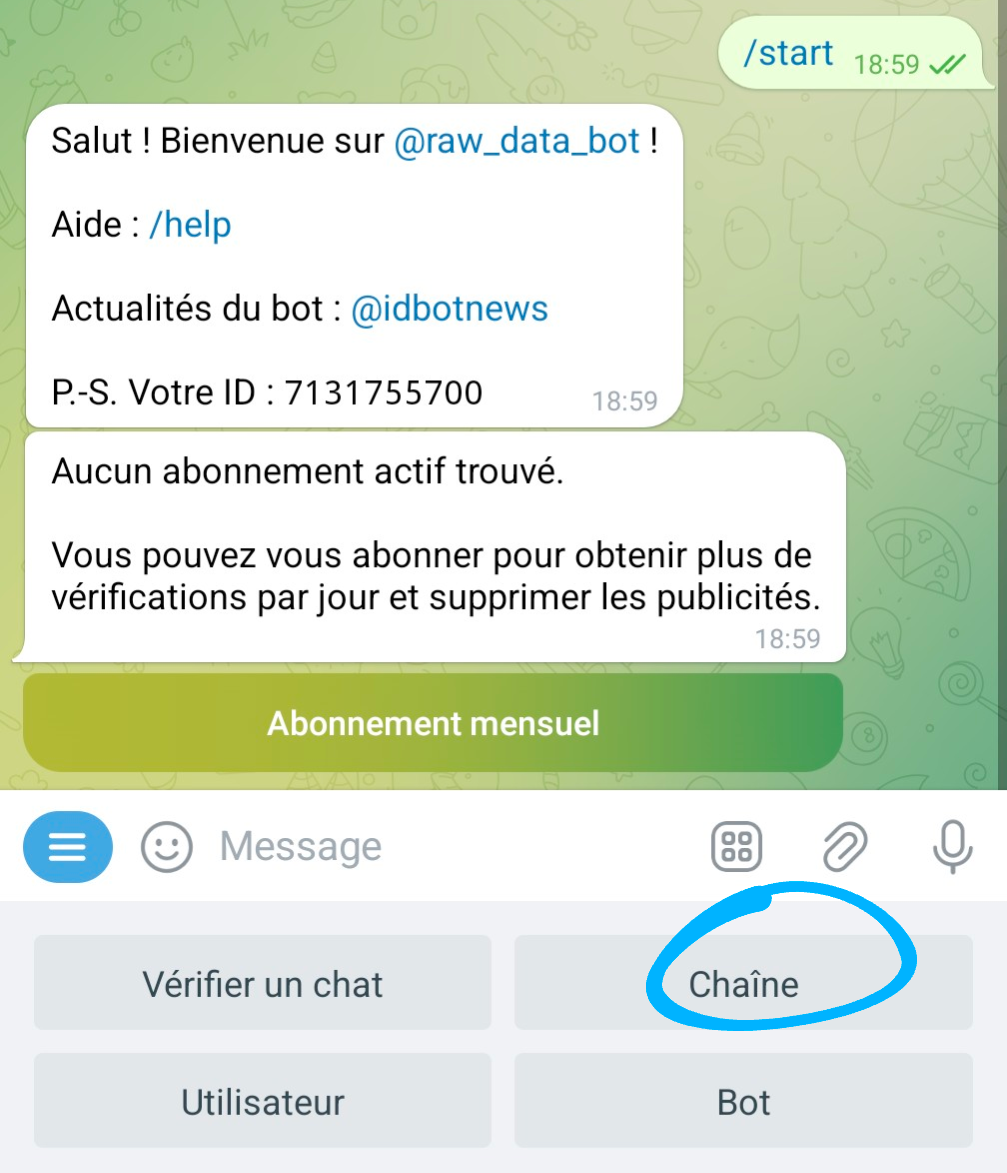 Clique sur Chaîne dans @raw_data_bot